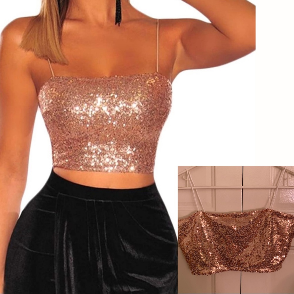 Rose Gold Sequined Spaghetti Strapped Tube Crop Top - XS